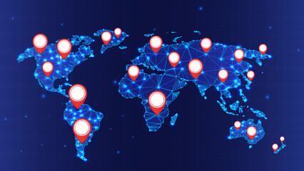 Global GPS Network with Red Location Pins on Digital World Map – 3D Navigation, Communication, and Technology Vector Illustration