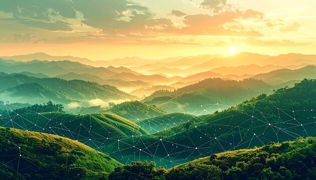 Sunrise over misty mountains, connected by digital lines