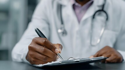 A doctor wearing a stethoscope writes notes on a clipboard during a medical consultation