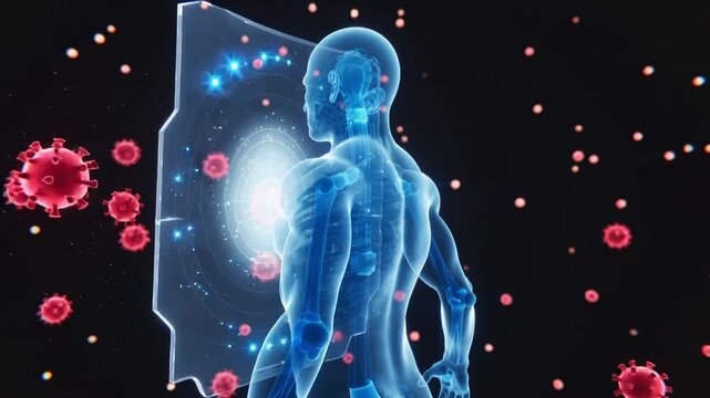 Digital holographic human body glowing with energy shield blocking virus cells, symbolizing strong immune system, defense, and protection concept in futuristic medical visualization.