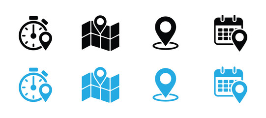 Collection of four location and time icons, including stopwatch, map, pin, and calendar, in black and blue on white