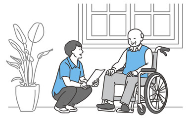 介護士と会話する車椅子のシニア男性のイラスト