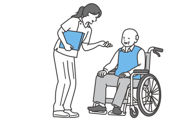 看護士と会話する車椅子のシニア男性のイラスト