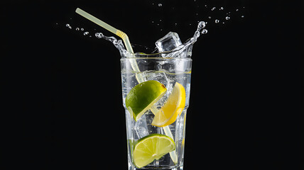 Refreshing gin and tonic with lime and lemon splashing in a tall glass with ice