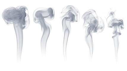Five different smoke plumes rising and swirling, isolated on white background
