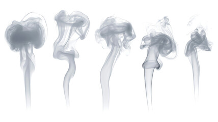 Five wisps of smoke rising and swirling, isolated on white background