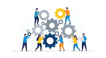 Teamwork and Collaboration A Group of People Working Together with Gears Symbolizing Synergy and Productivity