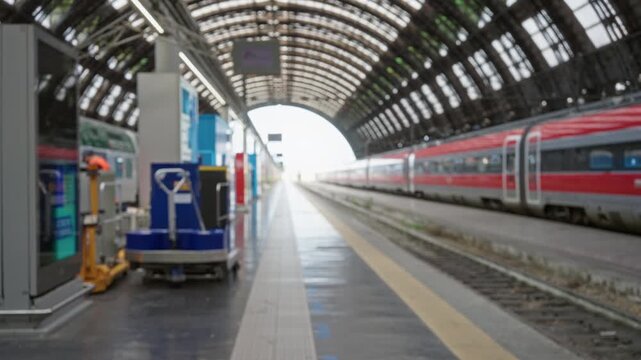 Blurred train station platform with soft bokeh and defocused arched roof and rails in shallow focus; background backplate copyspace template.