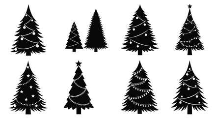 Obraz premium Christmas tree silhouettes vector set, black pine tree icons with festive decorations, holiday evergreen fir trees for winter greeting cards isolated on White Background
