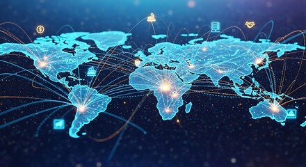 Global network connections and digital communication, illustrating international business and technology integration on a world map