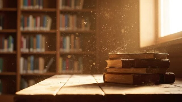Quiet Library Corner with Dust Floating in Sunlight