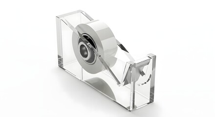 A modern clear acrylic tape dispenser with a roll of white adhesive tape isolated on a white background.