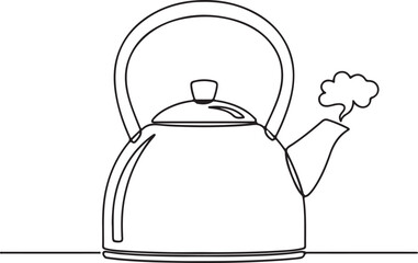 Minimalist Black and White Kettle Line Drawing with Steam – Vector Illustration for Kitchen, Cooking, and Household Concepts