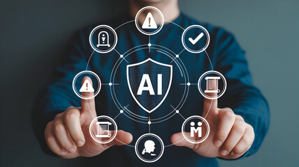 AI technology concept with shield icon surrounding digital icons representing artificial intelligence and cybersecurity