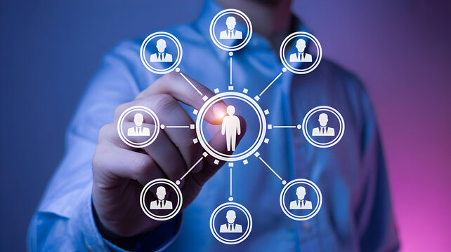 Hand pointing at a network of people icons a concept for social media connections business networking and team management