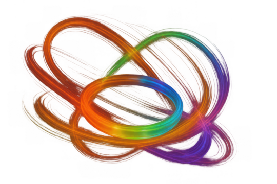 Abstract rainbow light trails swirl in vibrant, glowing curves on transparent background, conveying dynamic motion and futuristic energy
