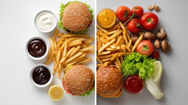 Exclusive photo of healthy vs unhealthy food comparison, burgers, fries, and fresh vegetables.