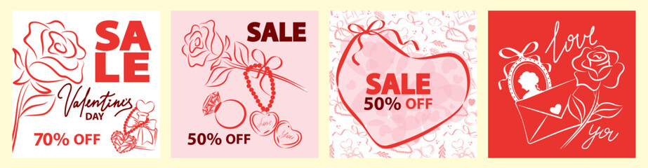 Set of Valentine s Day vector illustrations featuring romantic elements like hearts, lips, gifts, and sale promotions. Ideal for festive designs and themed promotions.
