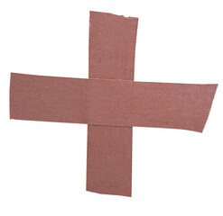 Cross of adhesive brown medical fabric plaster, bandage, x sign masking, on transparent background, PNG	

