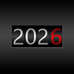 2026. New Year Black Odometer on black background - New Year 2026 design, odometer style with white and red numbers