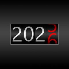 2026. New Year Black Odometer on black background - New Year 2026 design, odometer style with white and red numbers