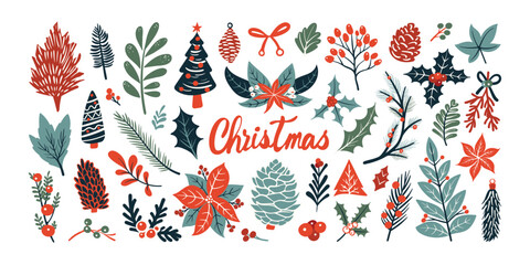 Set of isolated Christmas plant, vine and branch elements in red and green colors for holiday seasonal on transparent background.