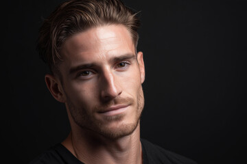 Obraz premium a handsome man with slicked-back light brown hair and no facial hair, studio lighting, rim light, black background