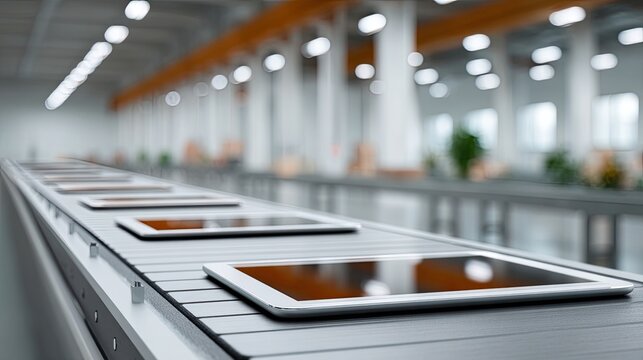 Modern Factory Production Line Features Row Of Tablet Devices On A Conveyor Belt With Industrial Lighting Overhead And Blurred Background Of Manufacturing Facility