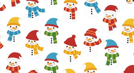 Obraz premium Festive Snowman Pattern with Colorful Scarves and Hats on White Background