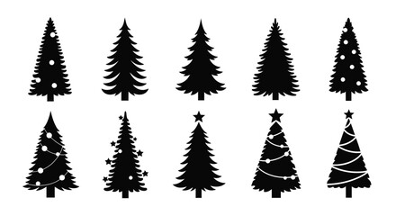 Obraz premium Christmas tree silhouette icons, set of 10 black pine tree vector shapes, festive holiday graphic design elements for winter greeting cards isolated on White Background