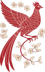 Stylized Red Pheasant with Floral Accents