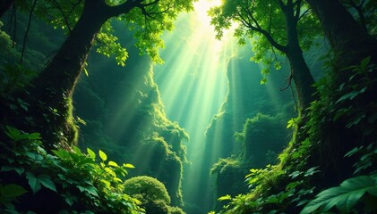 Naklejka premium Sun Dappled Rainforest Canopy A high angle view of a dense, vibrant green rainforest canopy with shafts of sunlight filtering through the leaves, creating dappled light and a misty atmosphere. Focus