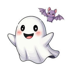 Adorable Ghost with Little Bat | Cute Halloween Cartoon Vector