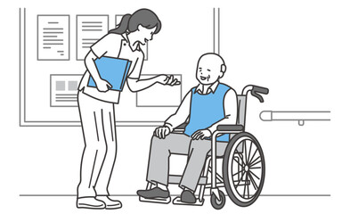 看護士と会話する車椅子のシニア男性のイラスト