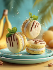 Macaroons with bananas and pineapple falling on the table. 
