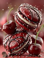 Macaroons with cherry and chocolate falling on the table. 