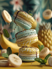 Macaroons with bananas and pineapple falling on the table. 