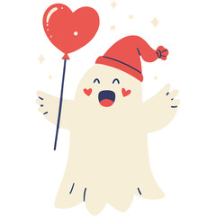 Cheerful Ghost Holding Heart Balloon with Soft Glow | Cute Friendly Spirit with Floating Heart Balloon | Adorable Glowing Ghost Illustration with Warm Light | Kawaii Ghost Character