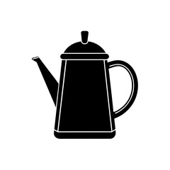Vintage coffee pot or kettle icon displayed as a sharp, modern black silhouette vector illustration, representing classic brewing and serving equipment for hot beverages.