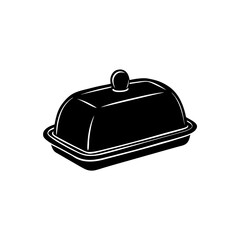 Black vector icon silhouette of a traditional covered rectangular butter dish with dome lid and handle, kitchen utensil for serving dairy products on dining table