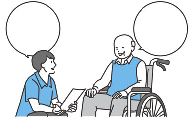 介護士と会話する車椅子のシニア男性のイラスト