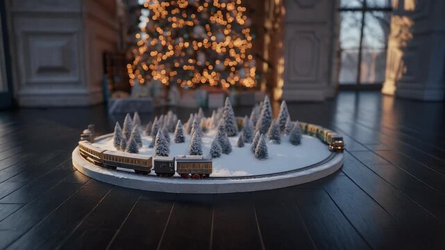 Cinematic Close-up of Vintage Christmas Model Train Circling Snowy Miniature Pine Forest with Sparkling Bokeh Background.