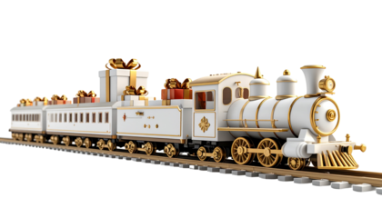 A vintage steam locomotive on railway tracks at a train station