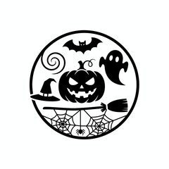 A circular black and white illustration featuring Halloween symbols like a jack-o'-lantern, ghost, bat, witch hat, spider web, and broomstick.