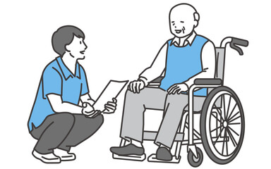 介護士と会話する車椅子のシニア男性のイラスト