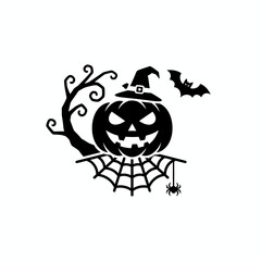 A spooky Halloween pumpkin with a witch hat, spider web, and bat illustration.