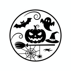 A circular black and white illustration featuring Halloween symbols like a jack-o'-lantern, bat, ghost, witch hat, broom, and spiderweb.