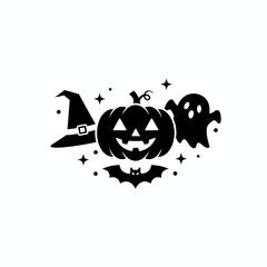 A black and white silhouette of Halloween icons including a witch hat, jack-o-lantern, ghost, and bat.