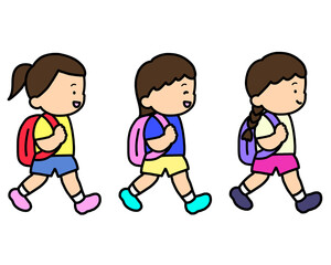 歩いて登校するアジア人の女の子　3人セット