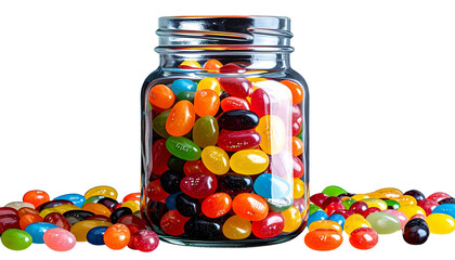 Colorful jelly beans and candies isolated on white background. Red, green, blue, yellow and orange candies